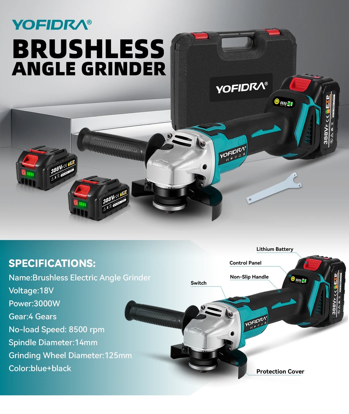 YOFIDRA 3000W 125mm Brushless Electric Angle Grinder Metal Wood Grinding Polishing Cutting Power Tool For Makita Battery Pin