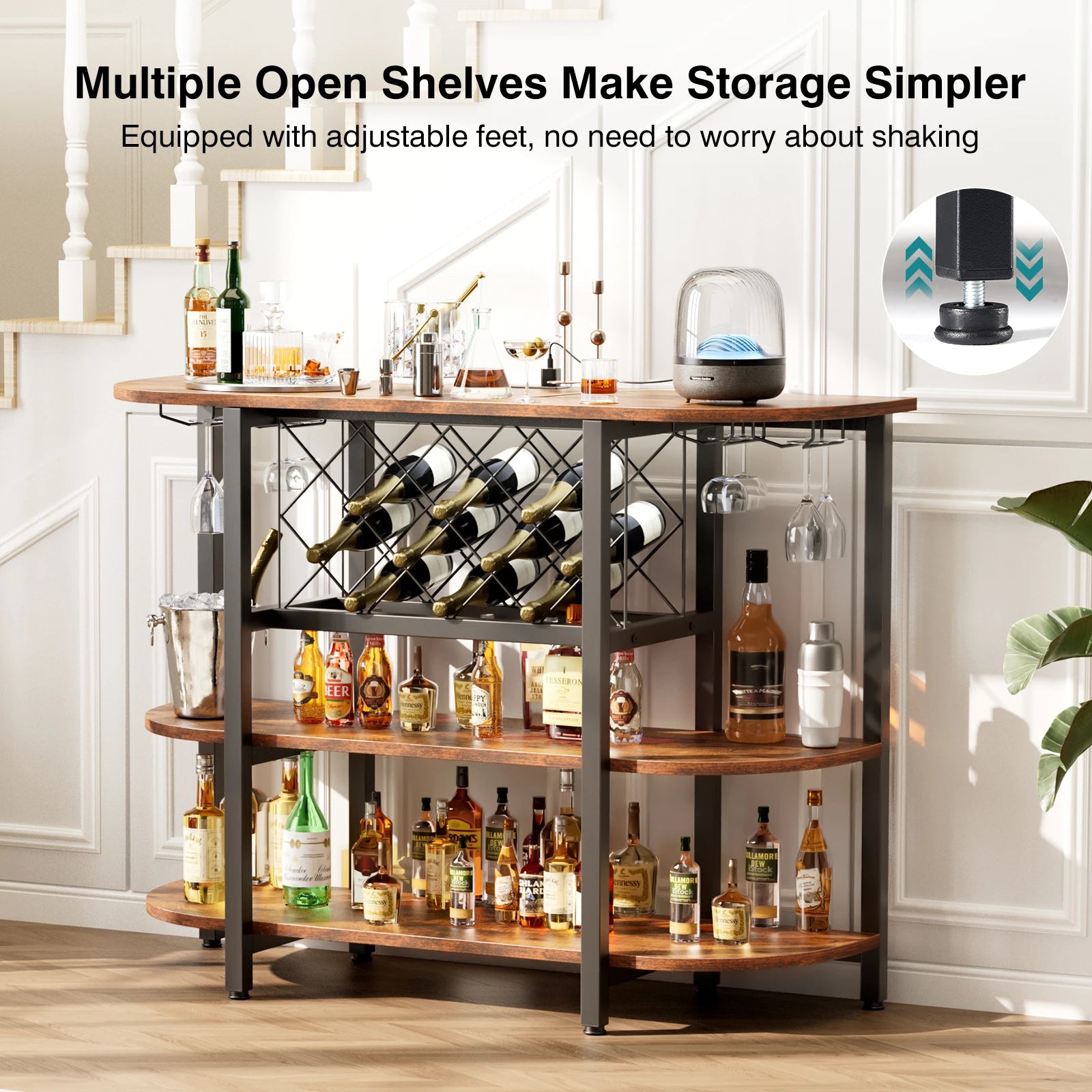 LED Bar Cabinet with Storage, Charging Station & Wine Rack