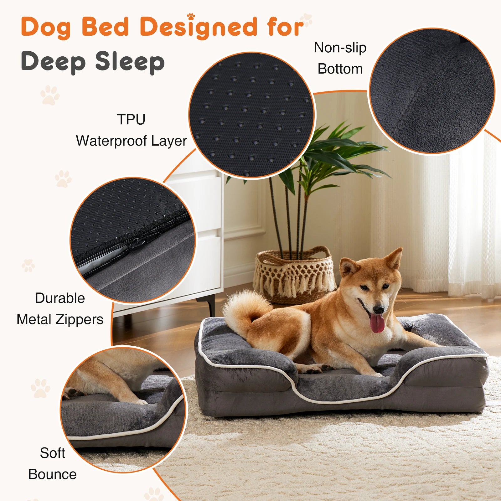 Orthopedic Memory Foam Dog Bed with Washable Cover & Non-Slip Base