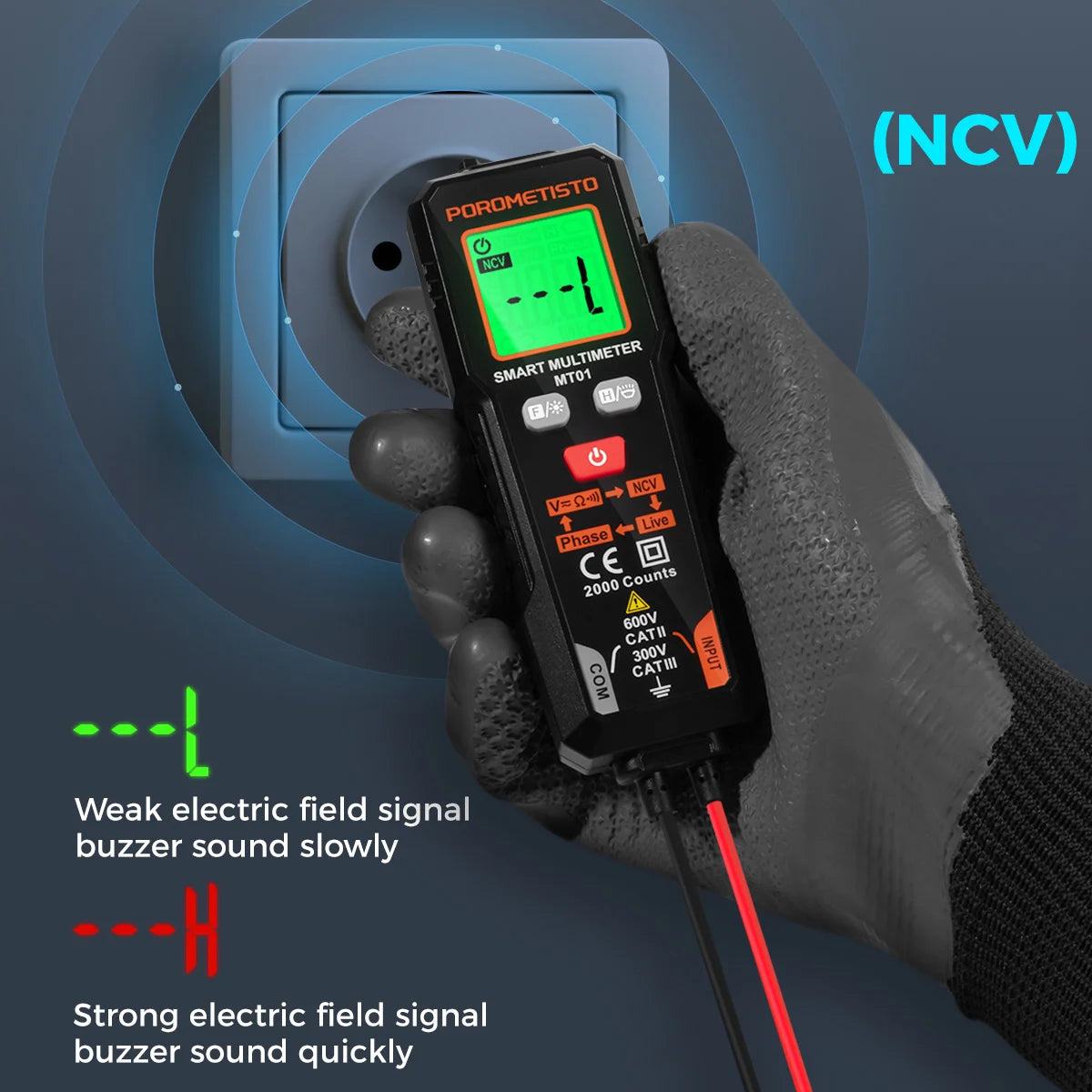 Multímetro digital inteligente POROMETISTO MT01, comprobador de voltaje, herramienta de prueba de cables activos y NCV, 2000 cuentas, voltaje 600V AC/DC