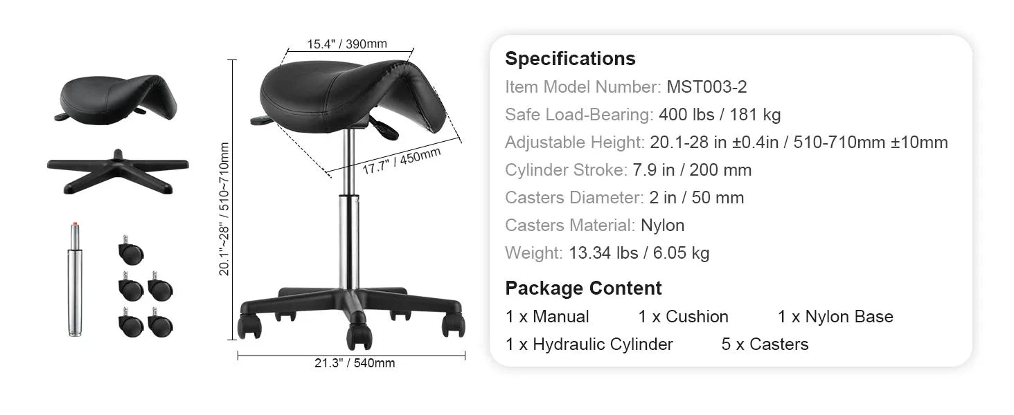SucceBuy Ergonomic Saddle Stool w/ 5 Swivel Casters 360° Rotation 20.1-28 in Height Adjustable Round Stool for Bar Salon Office