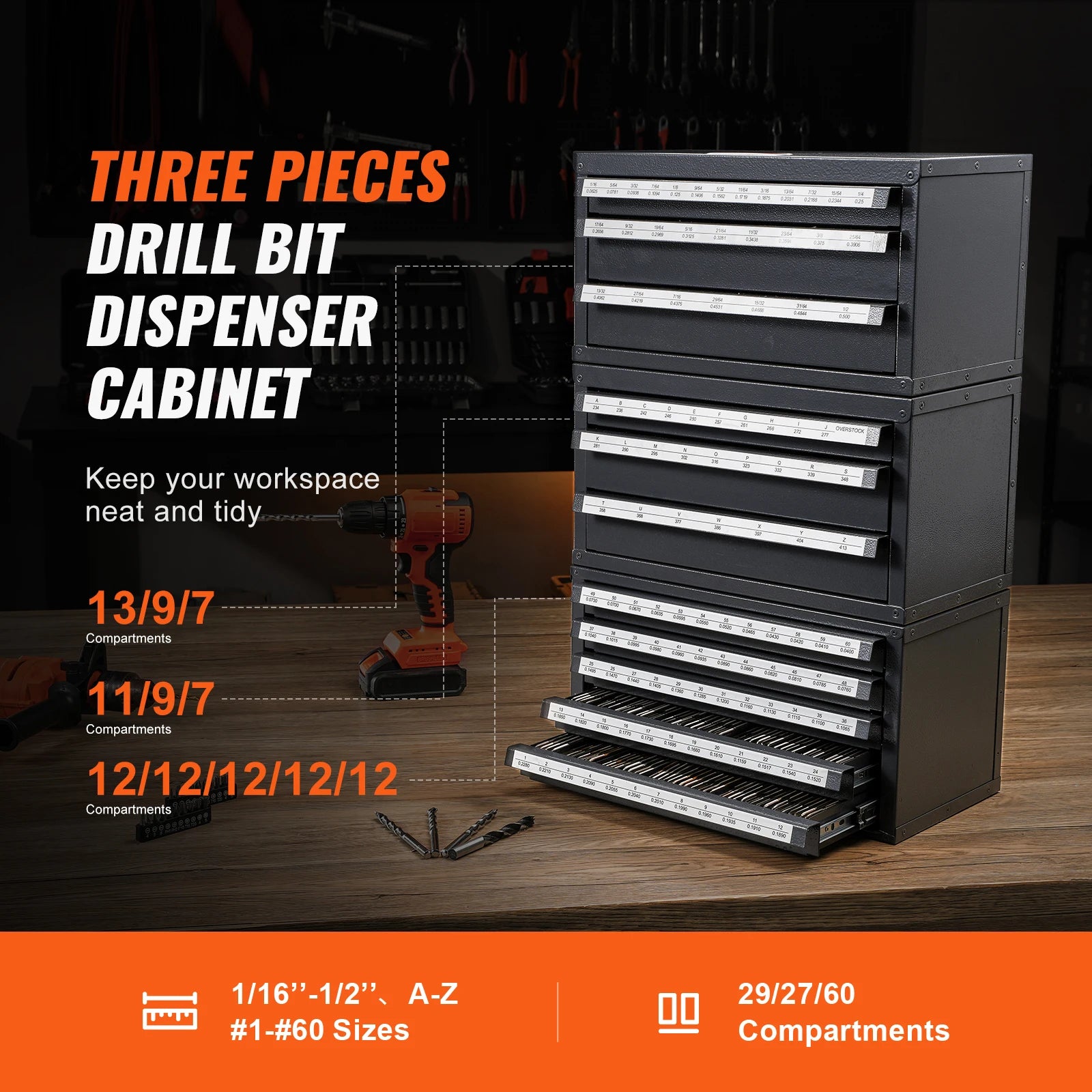 Drill Bit Dispenser Cabinet Set with Labeled Drawers 116 Slots