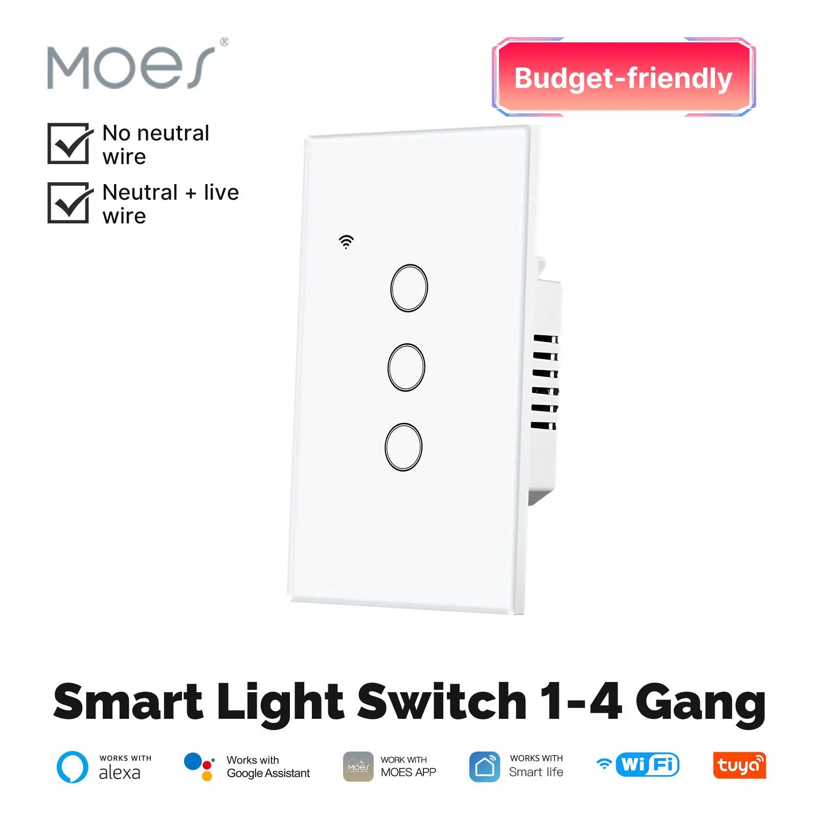 Smart Light Switch No Neutral WiFi Touch Control