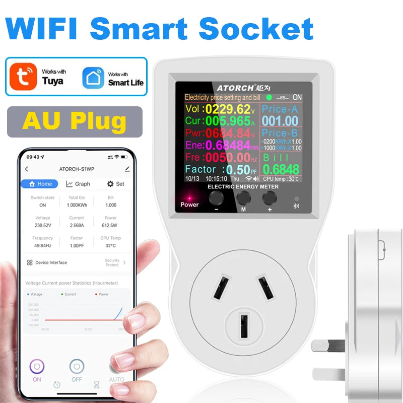 Tomacorrente inteligente Wi‑Fi com exibição de monitorização de energia