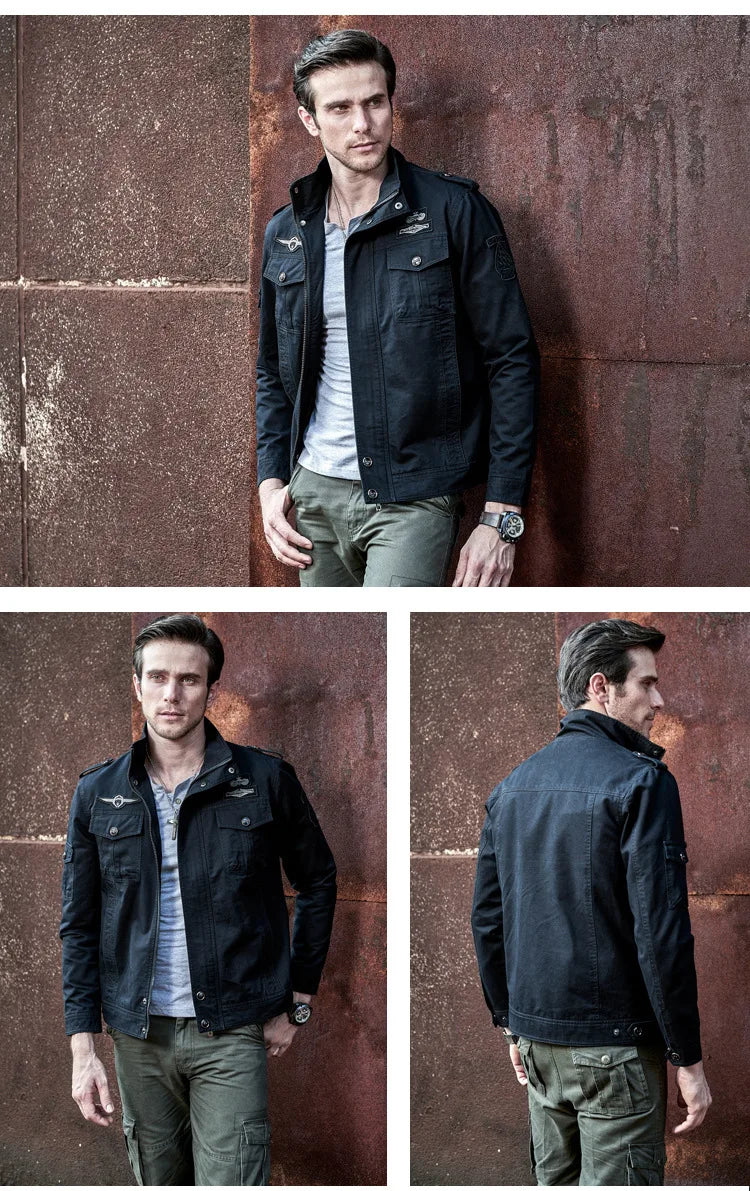 High-quality men's military jacket 2023 new multi-pocket collar embroidered sleeve pilot tooling plus size cotton jacket men