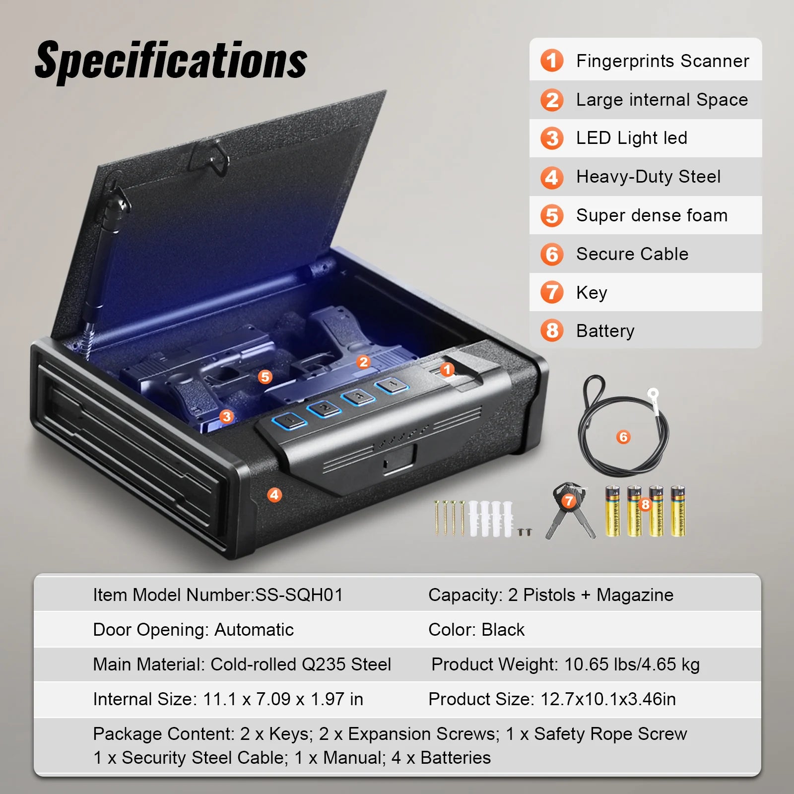 Biometric Pistol Safe with 3-Way Access & Steel Protection