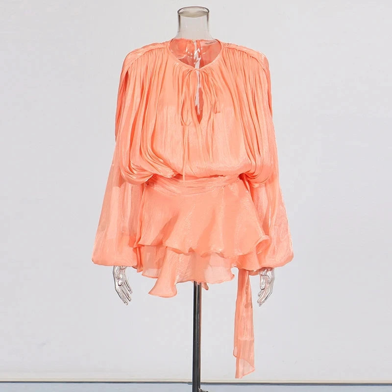 TWOTWINSTYLE Solid Patchwork Lace Up Blouse Mini Dresses For Women V Neck Long Sleeve Sweet Style Dress Female Clothing Fashion