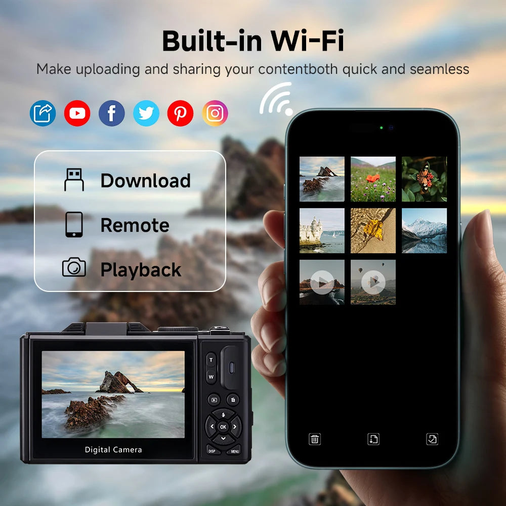 75MP Digital Camera 5K 18X Zoom Flip Screen WiFi