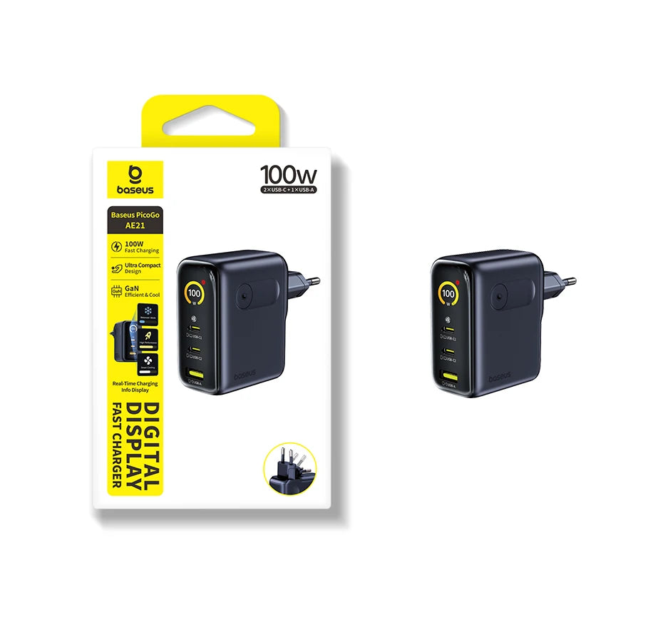 Baseus 100W GaN rychlá nabíječka s displejem, 3 porty USB-C a USB-A