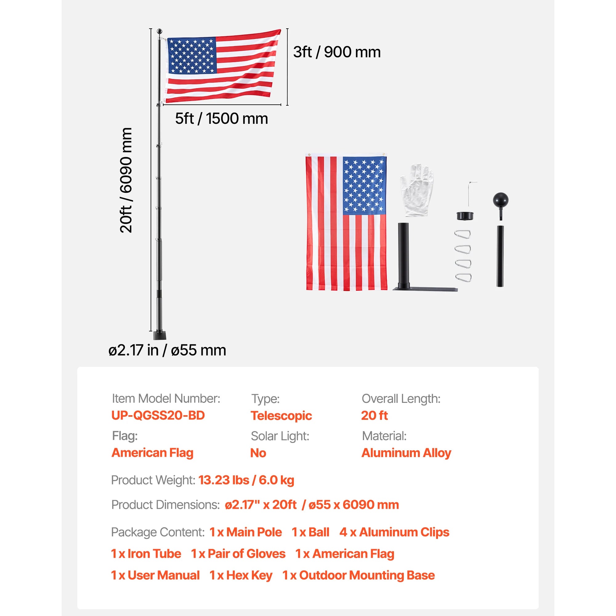 16/20/25/30ft In-Ground Aluminum Flag Pole Kit with Flag
