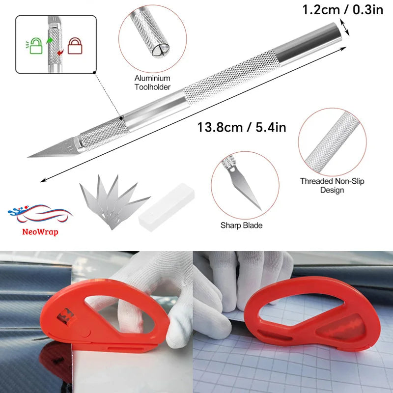 Car Film Wrapping Tool Kit Window Tinting Tools Vinyl Wrap Felt Squeegee Wrap Stick Vinyl Cutter Utility Knife Plastic Scraper