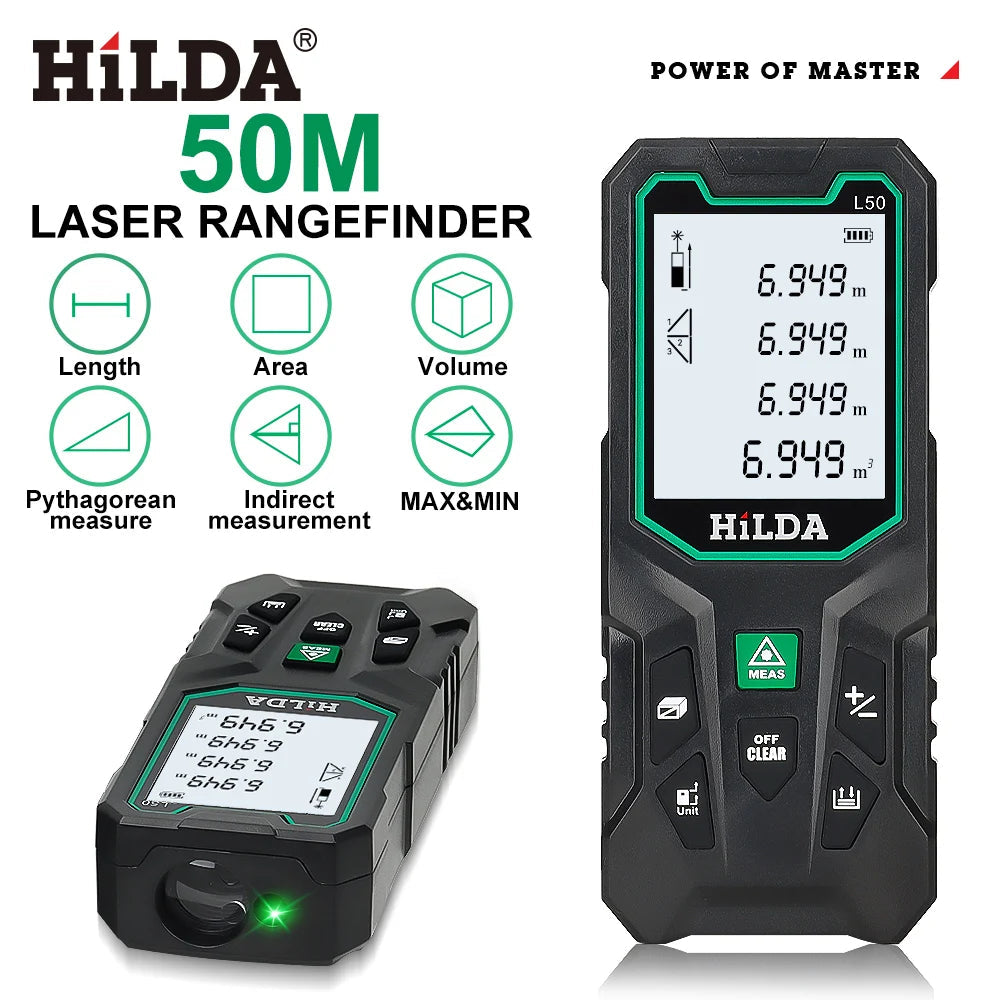 HILDA 50/100/120M Laser Rangefinder Red/Green Light Laser Distance Digital Tape Rechargeable and Measurable Angle Laser Measure