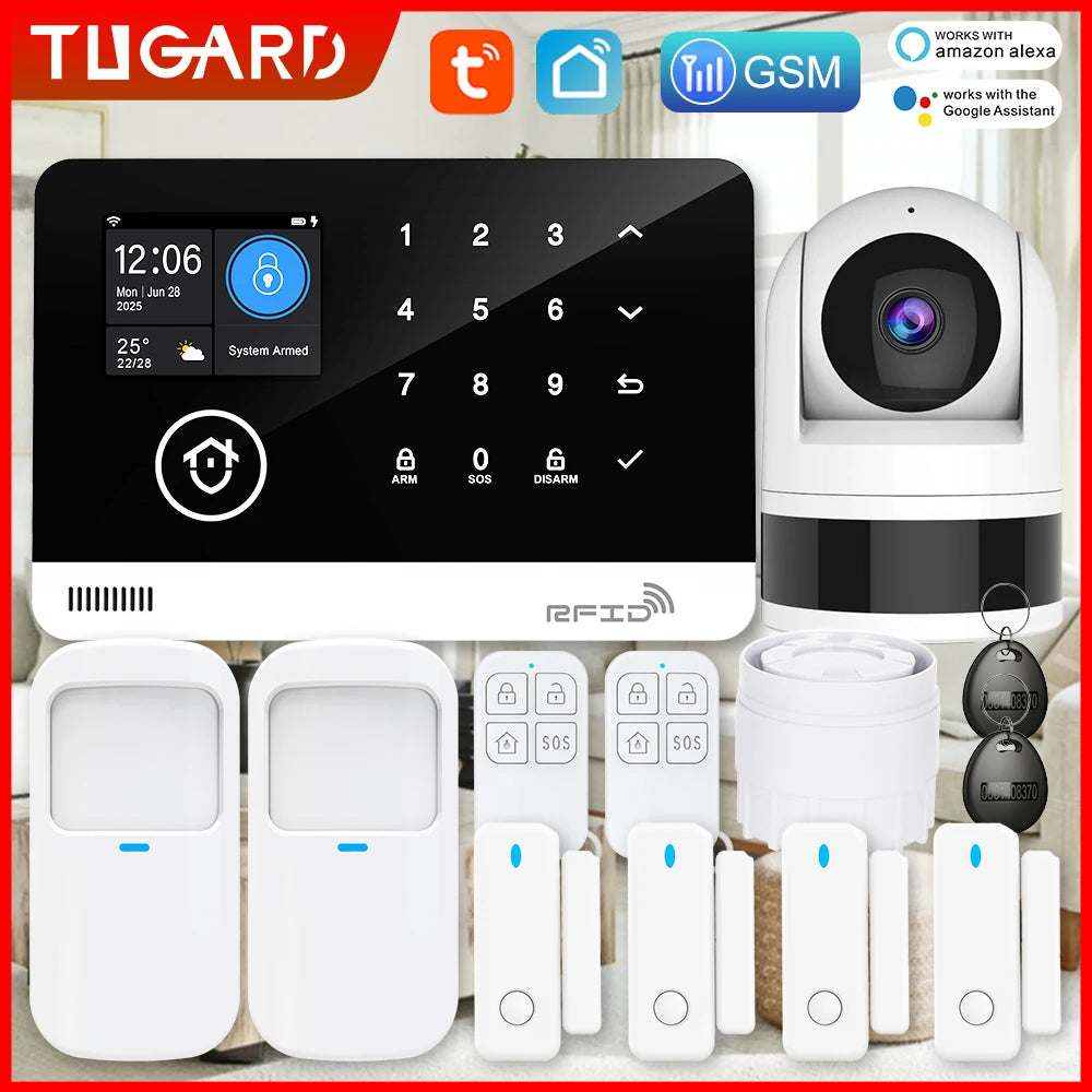 Tuya WiFi GSM Home Security Alarm System Kit, 2.4" Touch Screen RFID Keypad Burglar Alarm with Door Sensor, PIR Motion Detector, Remote Control, Works with Alexa & Google Assistant, App Push/SMS/Call Alert