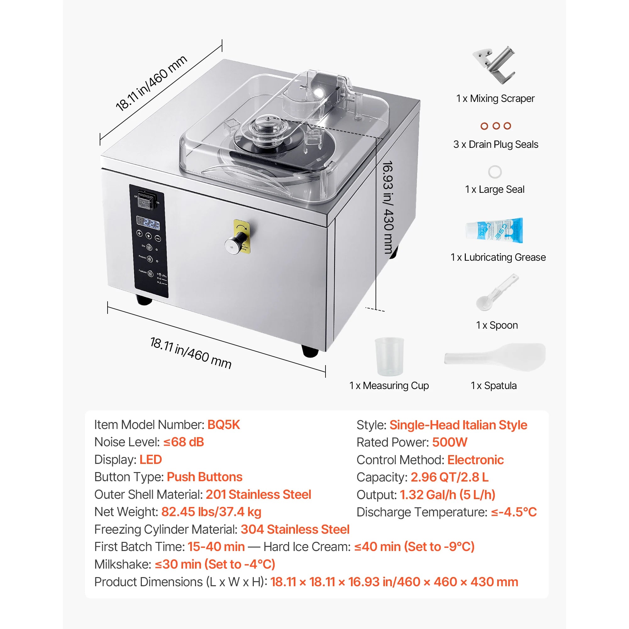 Commercial Hard Ice Cream Machine 500W 1.32 Gal/Hour 2.8L Cylinder