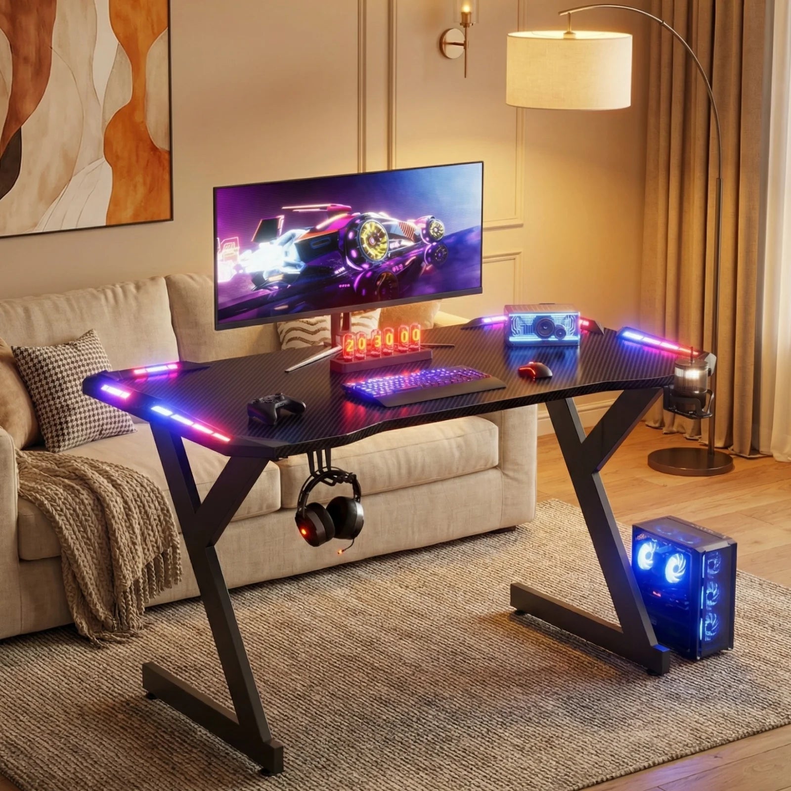 Y-Shaped RGB Gaming Desk with Cup Holder and Headphone Hook