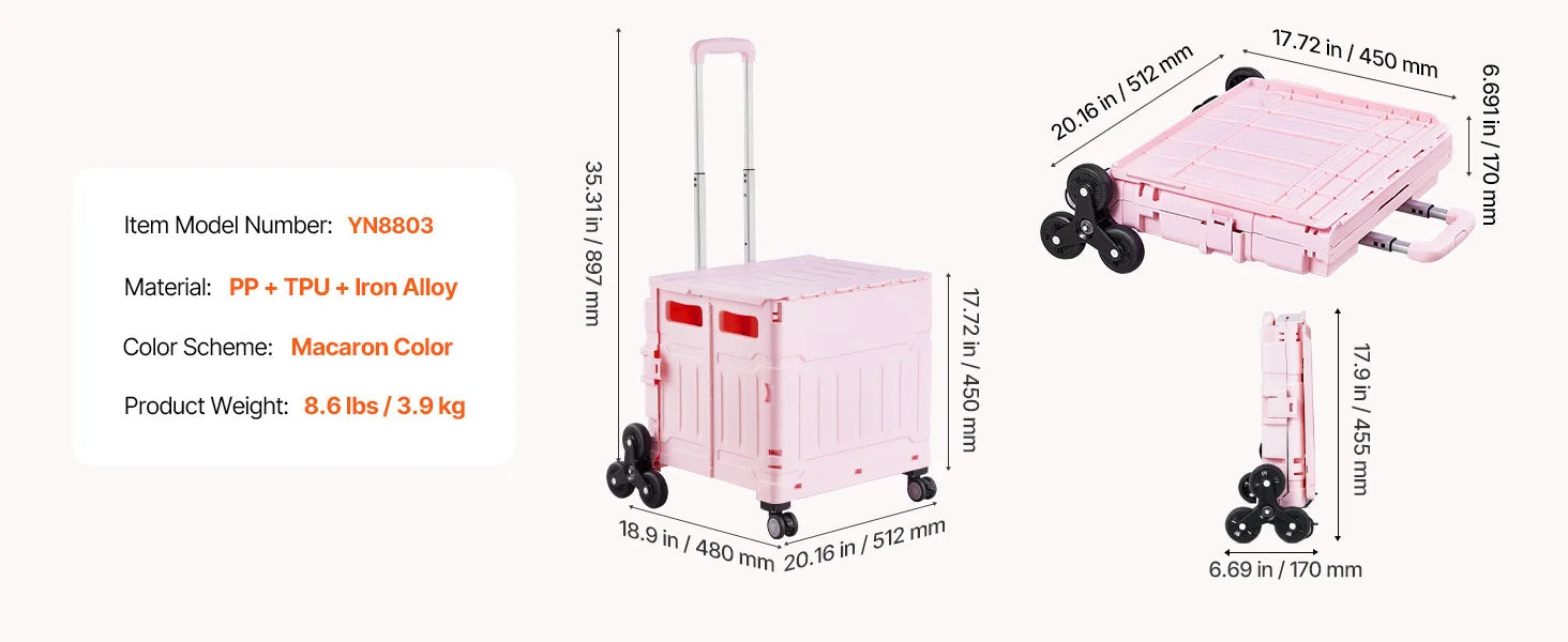 Trappestigende foldbar vogn med hjul, 150 lbs kapacitet transportvogn