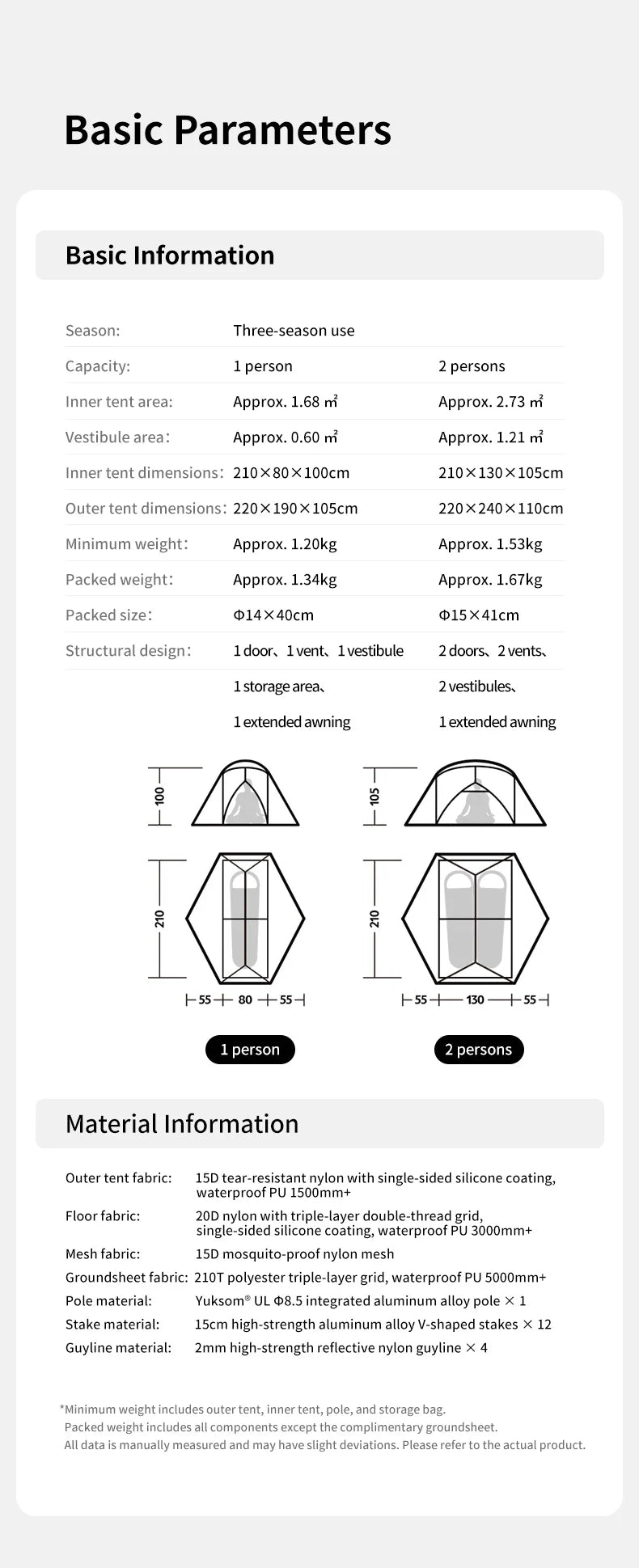 Ultralight 2-Person Waterproof Trekking Tent 20D Nylon 1.8kg