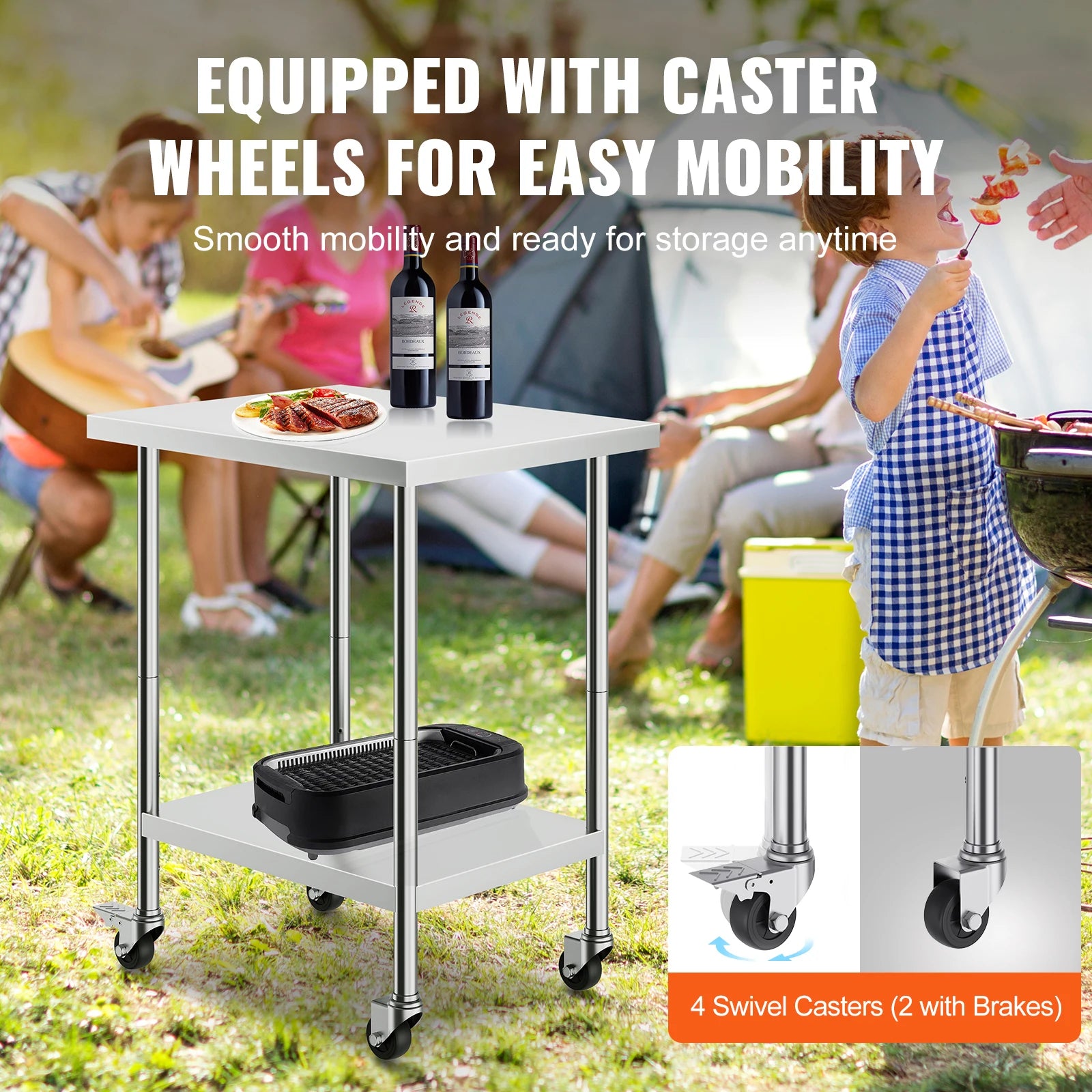 Stainless Steel Work Table with Wheels & Adjustable Shelves