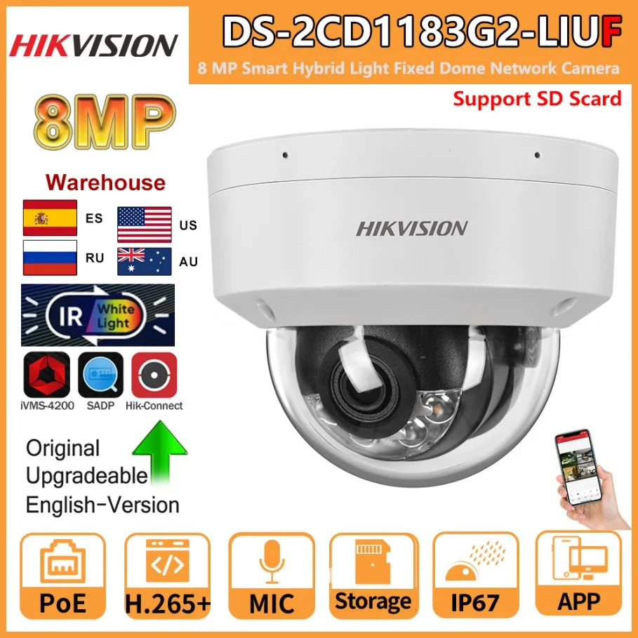 Hikvision 8MP IP Camera DS-2CD1183G2-LIUF Built-in Mic Dual-Light 4K Smart Hybrid Light SD card slot Fixed Dome Network Camera