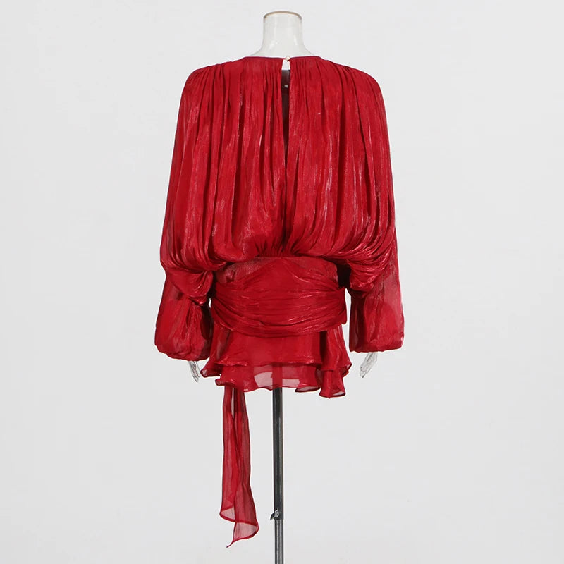 TWOTWINSTYLE Solid Patchwork Lace Up Blouse Mini Dresses For Women V Neck Long Sleeve Sweet Style Dress Female Clothing Fashion