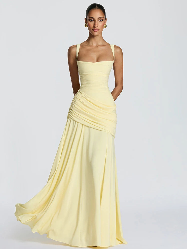 Women’s Elegant Ruched Backless Maxi Dress with Square Neck