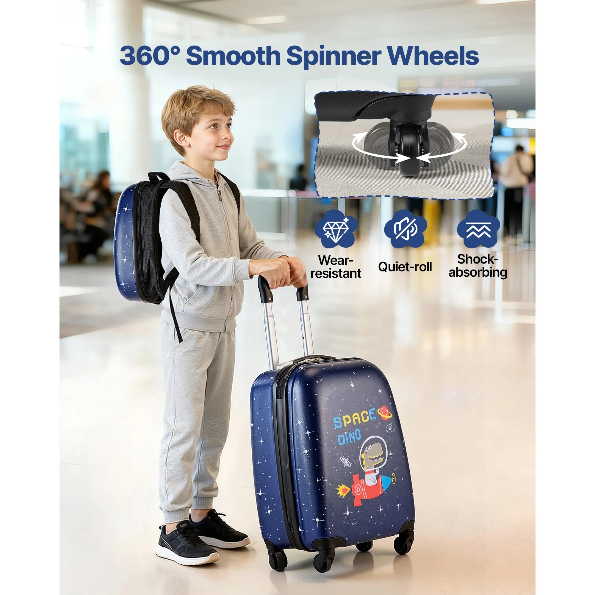 SucceBuy 2pcs Kids Luggage Set with Backpack 18in Rolling Wheels Suitcase Kids Carry on Luggage for Girls & Boys Travel Suitcase