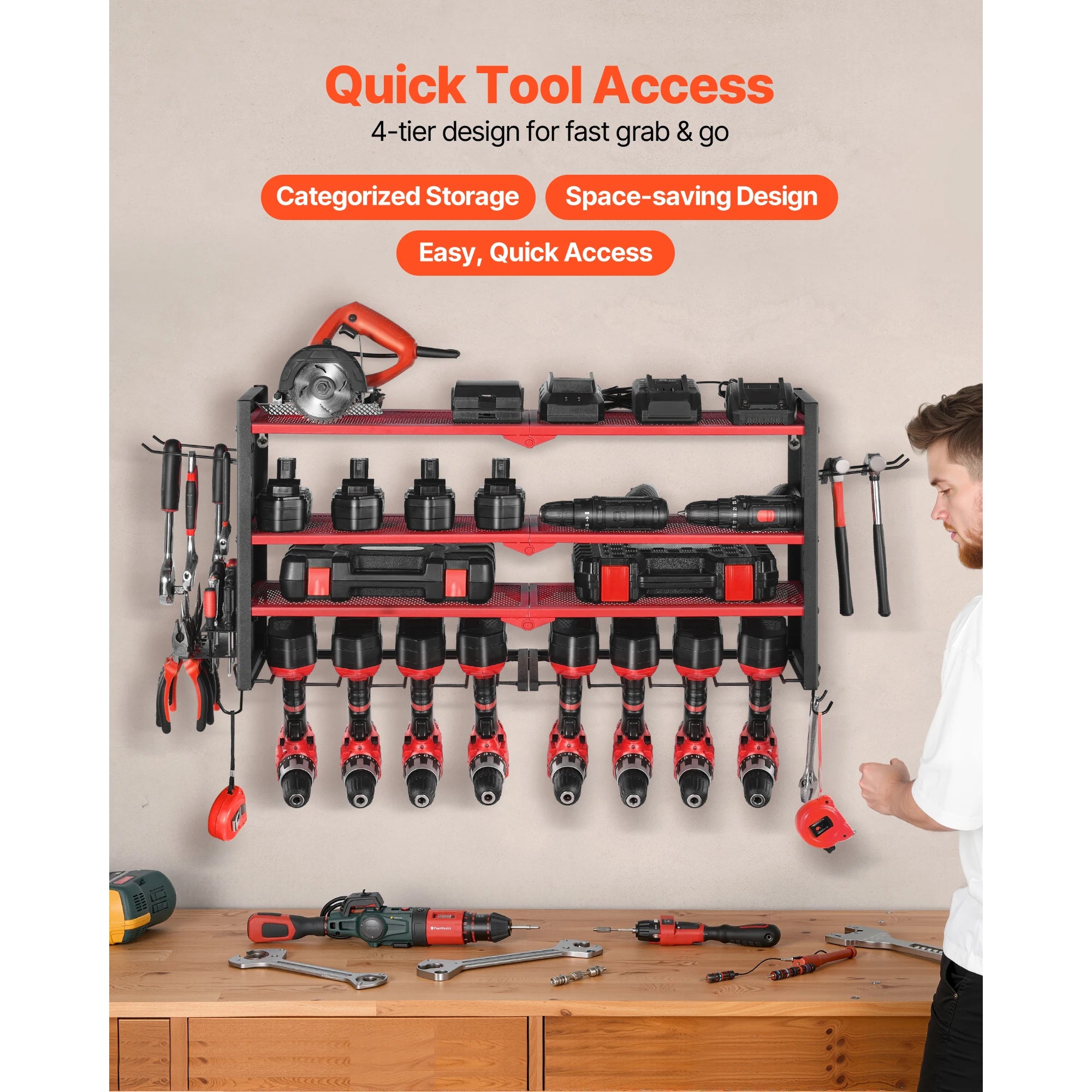 4-Tier Wall Mounted Power Tool Organizer Rack with Pegboard