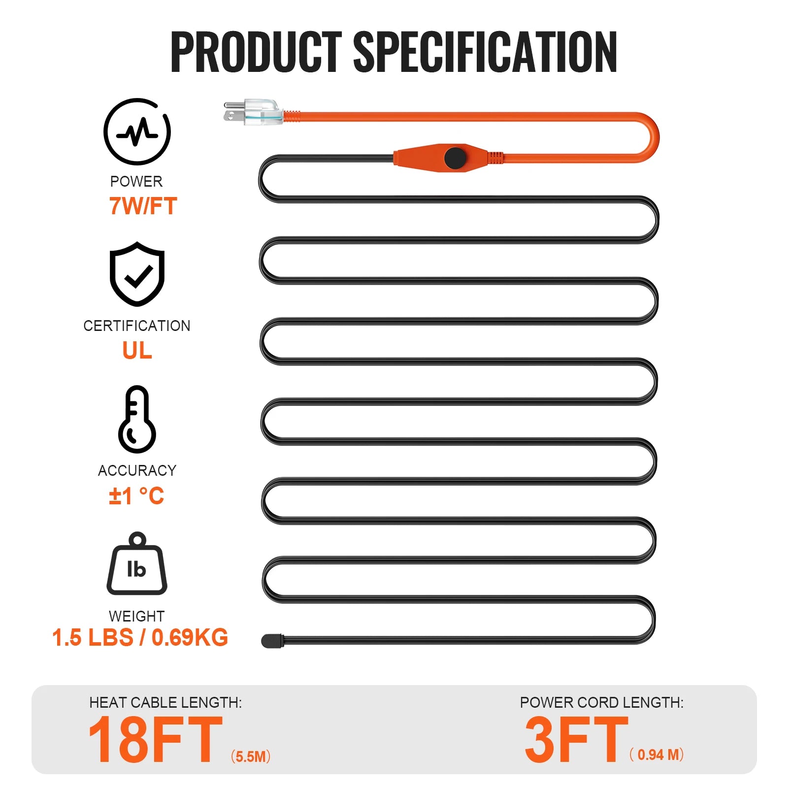 Cable calefactor para tuberías con cinta térmica para protección contra congelación (6FT–30FT)
