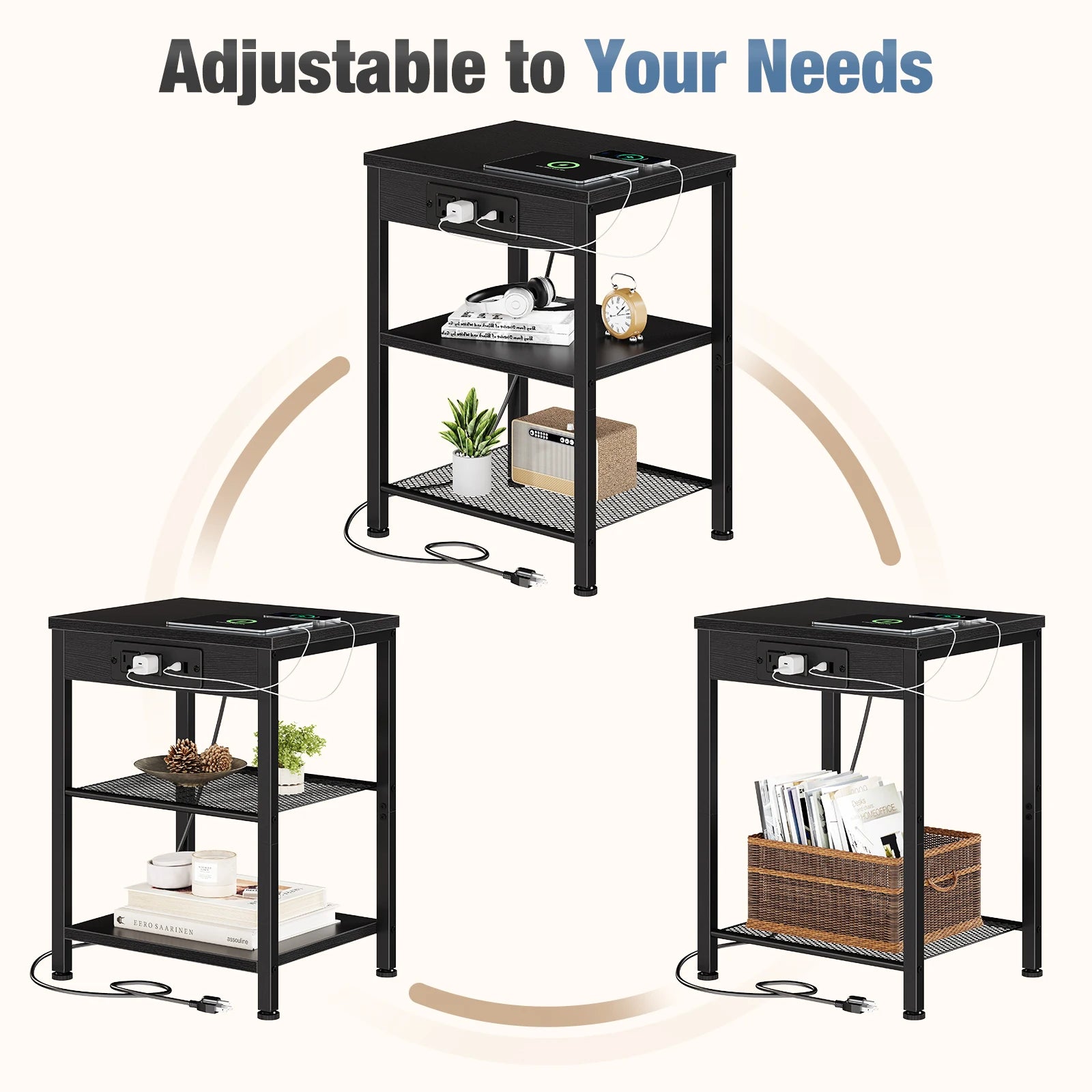 3-Tier Side Table with Charging Station and Adjustable Shelves