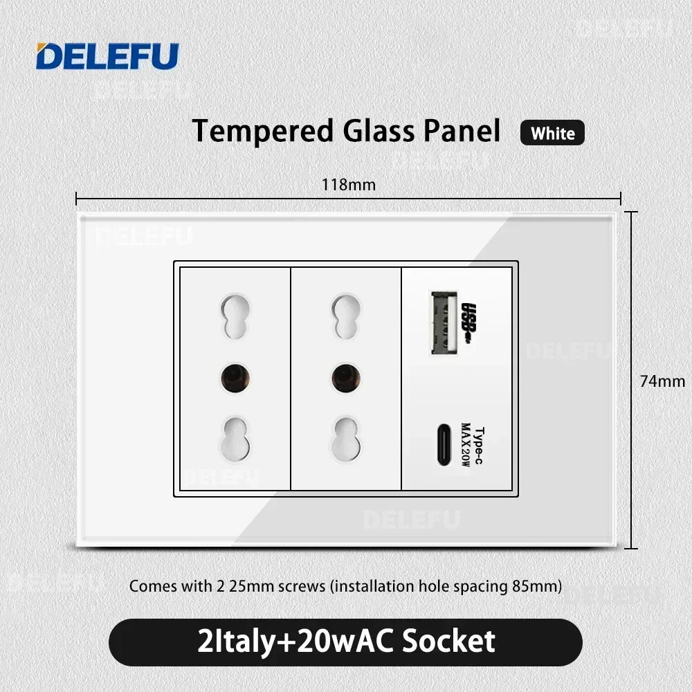 DELEFU White Tempered Glass Italy USB TypeC Fast Charging Wall Socket Schuko Tuya Wifi Smart Switch Sat TV Tel Doorbell Chile