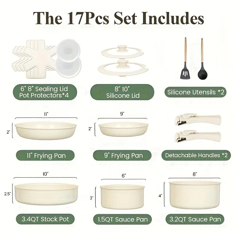 17-Piece Ceramic Nonstick Cookware Set with Removable Handles