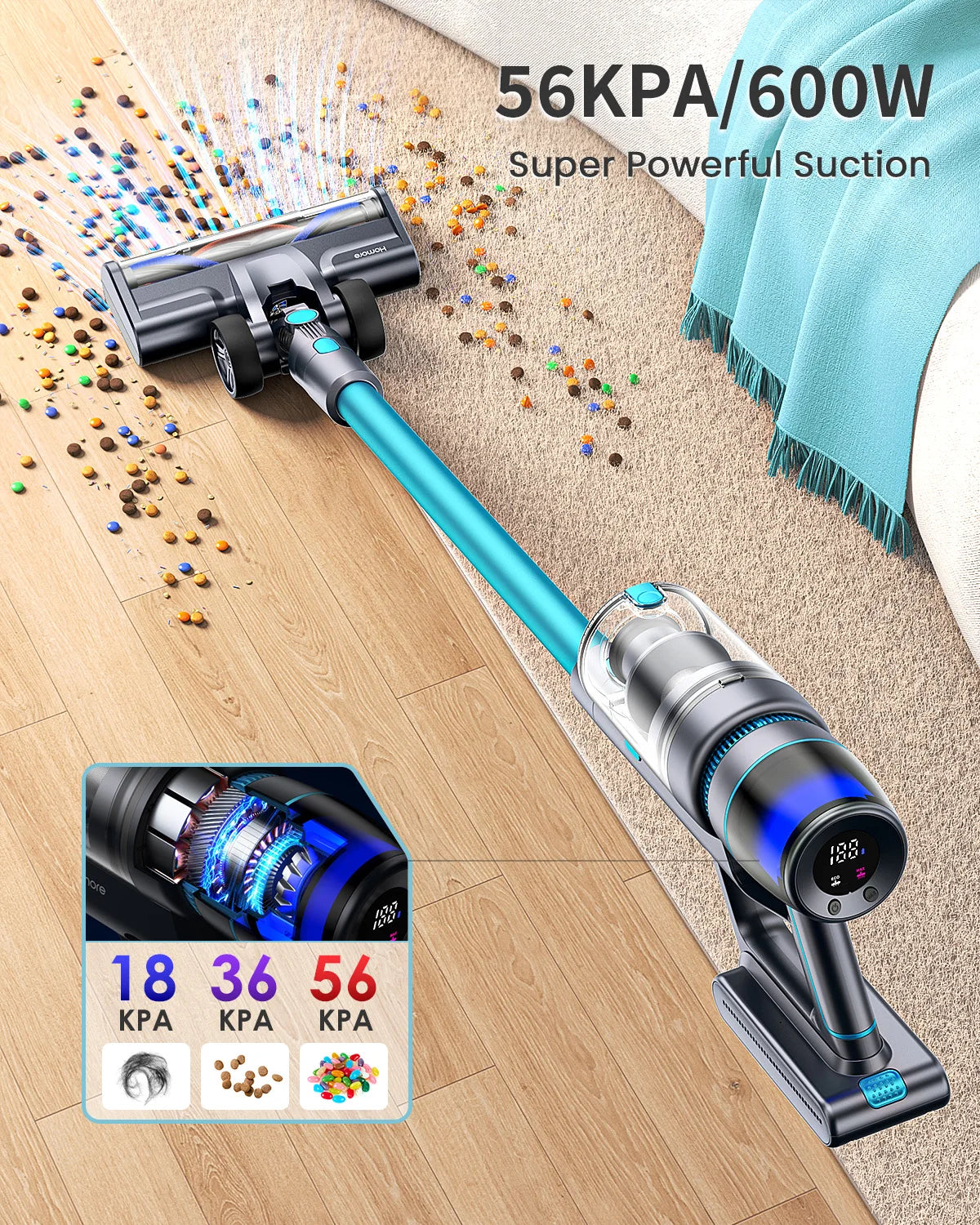 Homore 600W Cordless Vacuum Cleaner with Smart Suction and LED Display