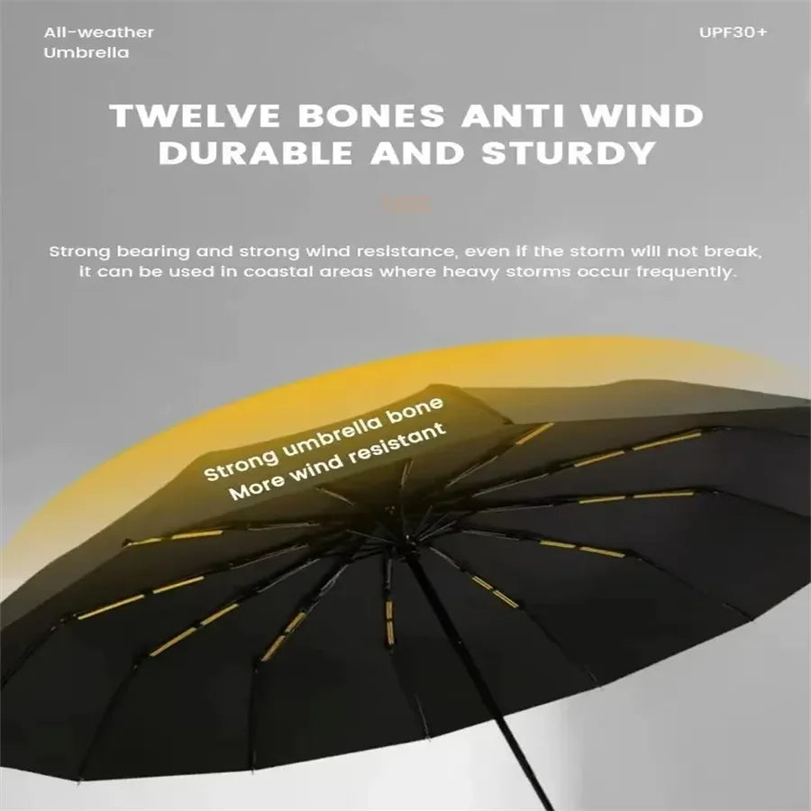 12 Bone Black Glue Fully Automatic Umbrella With Thick And Durable Keel Three Fold Umbrella UV Resistant Folding Umbrella