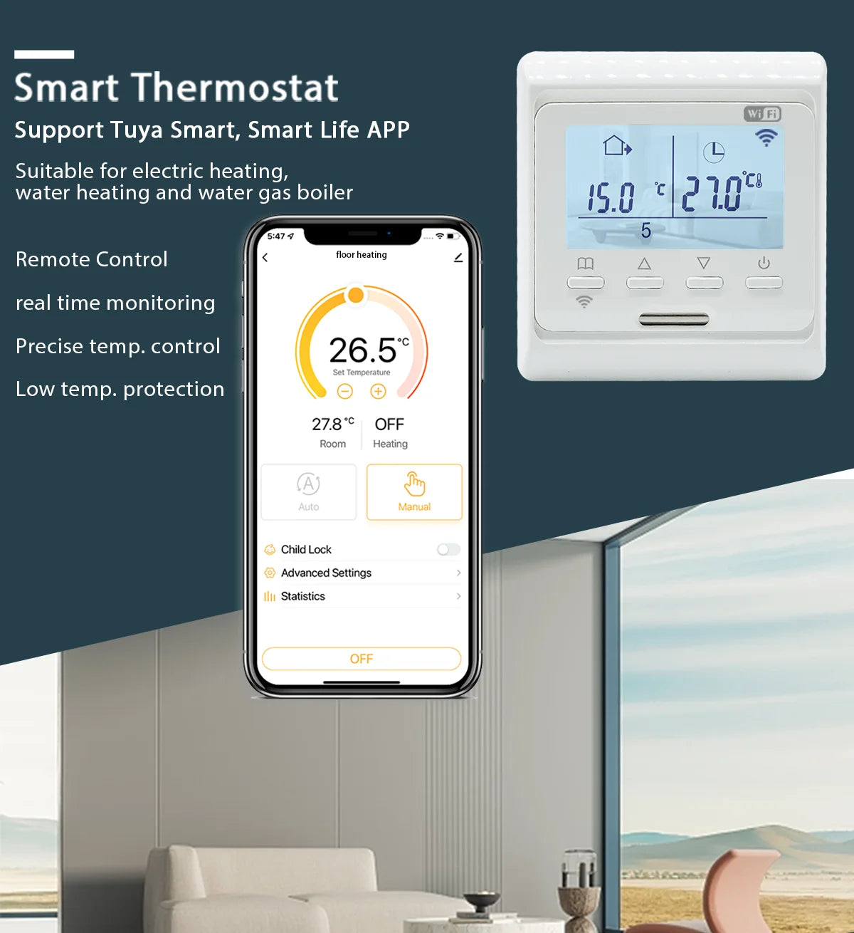 WIFI Underfloor Heating Thermostat LCD Screen 220V Electric, Water, Gas Boiler Warm Floor Programmable Temperature Controller
