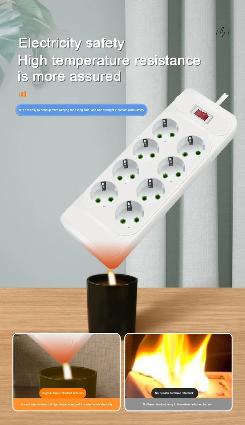 EU Plug AC Outlet Multitap Power Strip 2m Extension Cord Electrical Socket Smart USB Home Office Surge Protector Network Filter