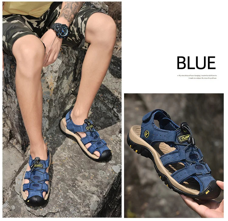 CLOHOO Men's Sandals Handmade Thick Bottom Rubber Breathable Casual Slip-On Beach Shoes Leather Upgraded Version