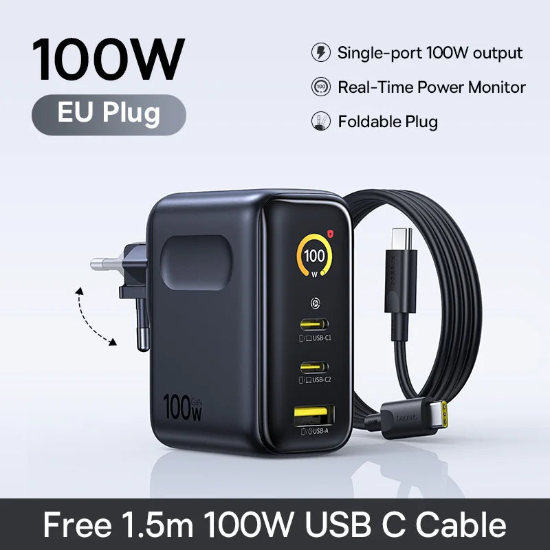 Baseus 100W GaN rychlá nabíječka s displejem, 3 porty USB-C a USB-A