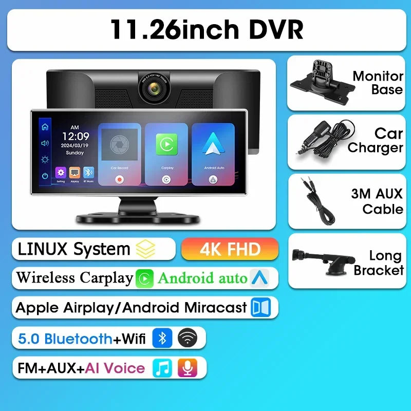 11.26 Inch 4K Dash Cam Rearview Mirror with Rear Camera and GPS