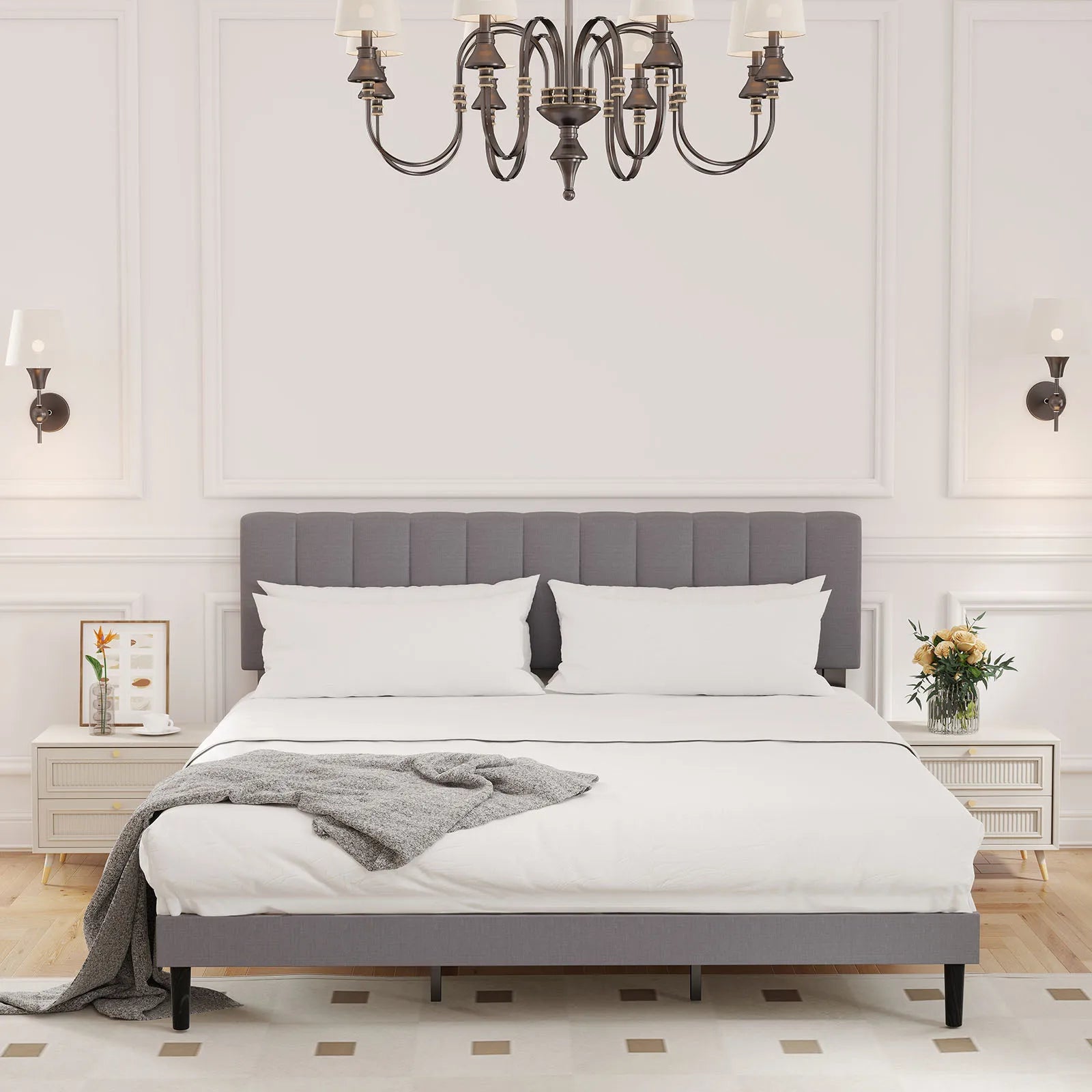 Wooden Upholstered Bed Frame with Adjustable Headboard, No Box Spring