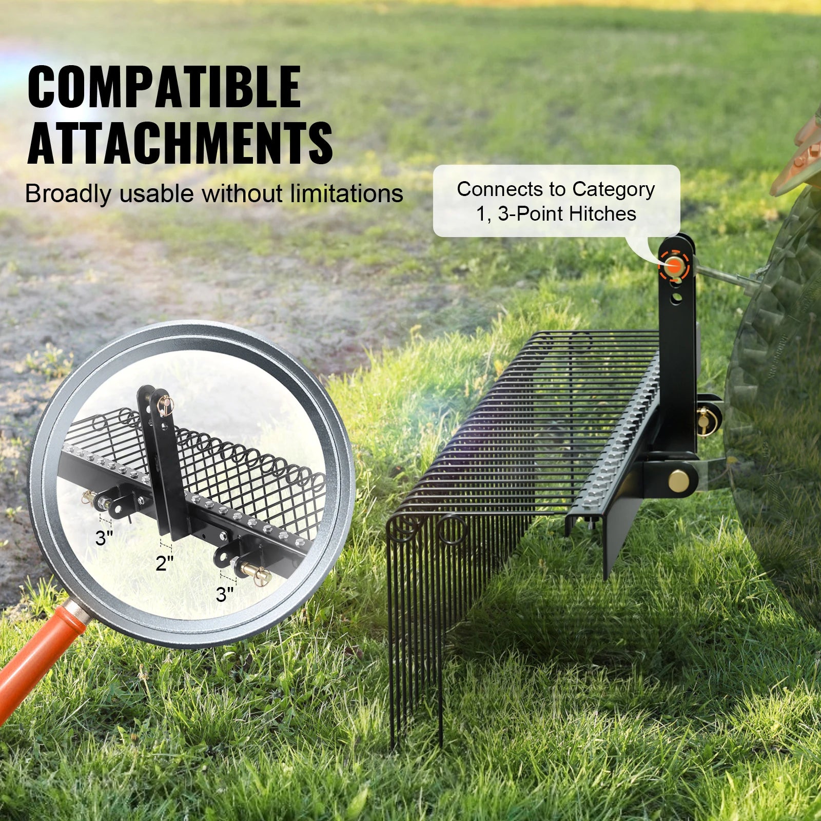Tow Behind Landscape Rake 60 Inch with 21 Steel Coil Tines