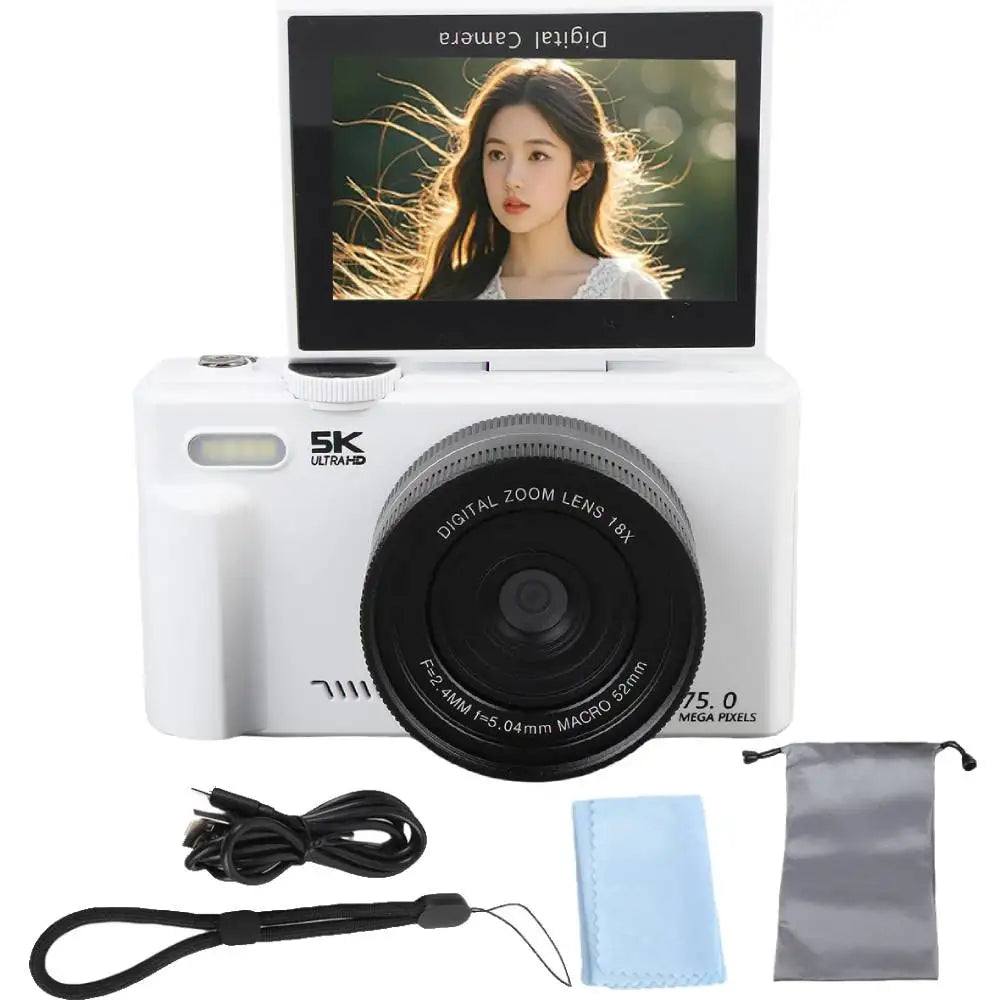 75MP Digital Camera 5K 18X Zoom Flip Screen WiFi