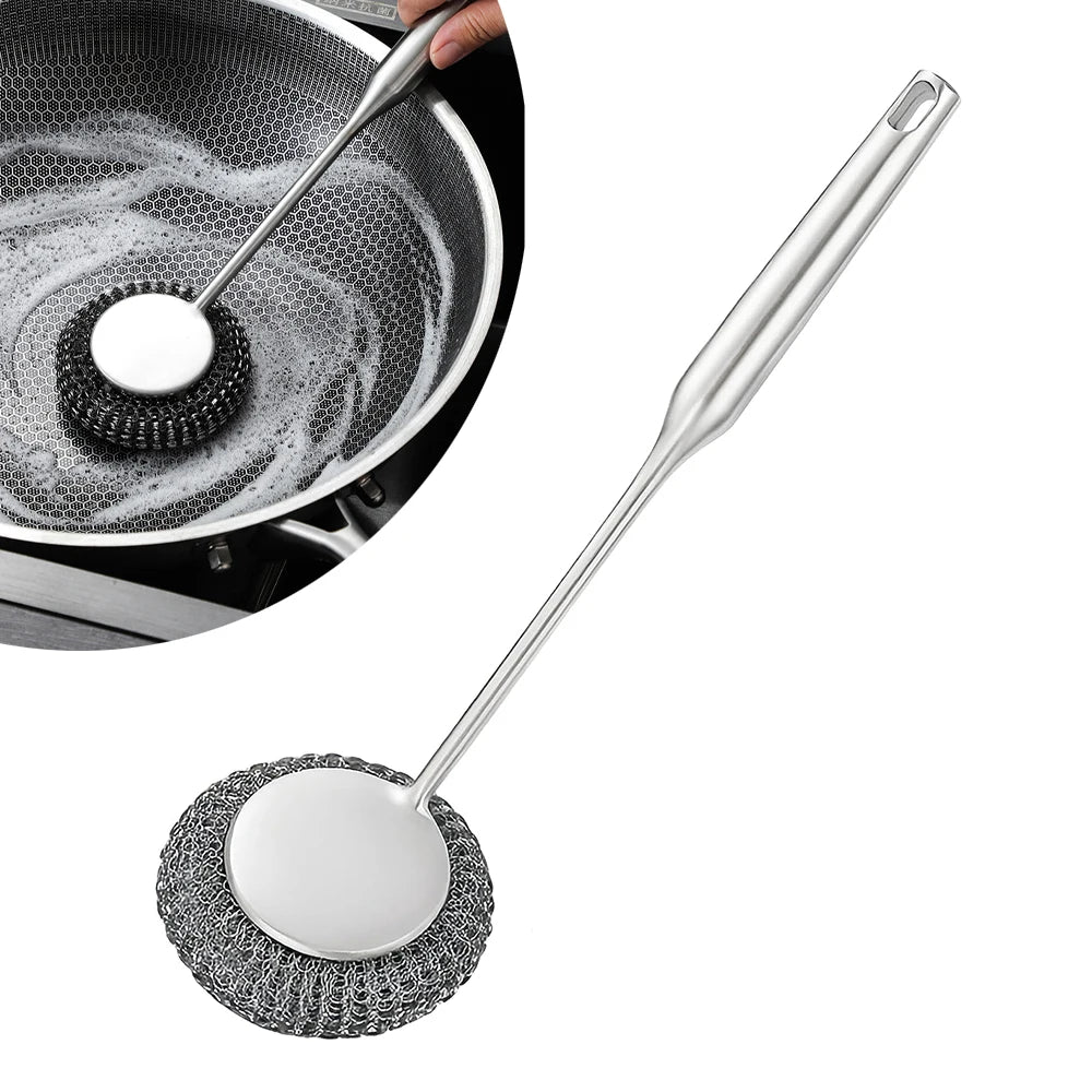 1PC Steel Wool Scrubber with Handle Stainless Steel Cleaning Brushes Cleaning Dishes Stock Pots Pans Griddles Grills