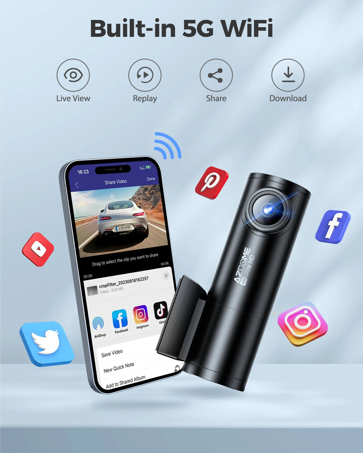 AZDOME M300S 4K Front and Rear Dash Cam with WiFi GPS