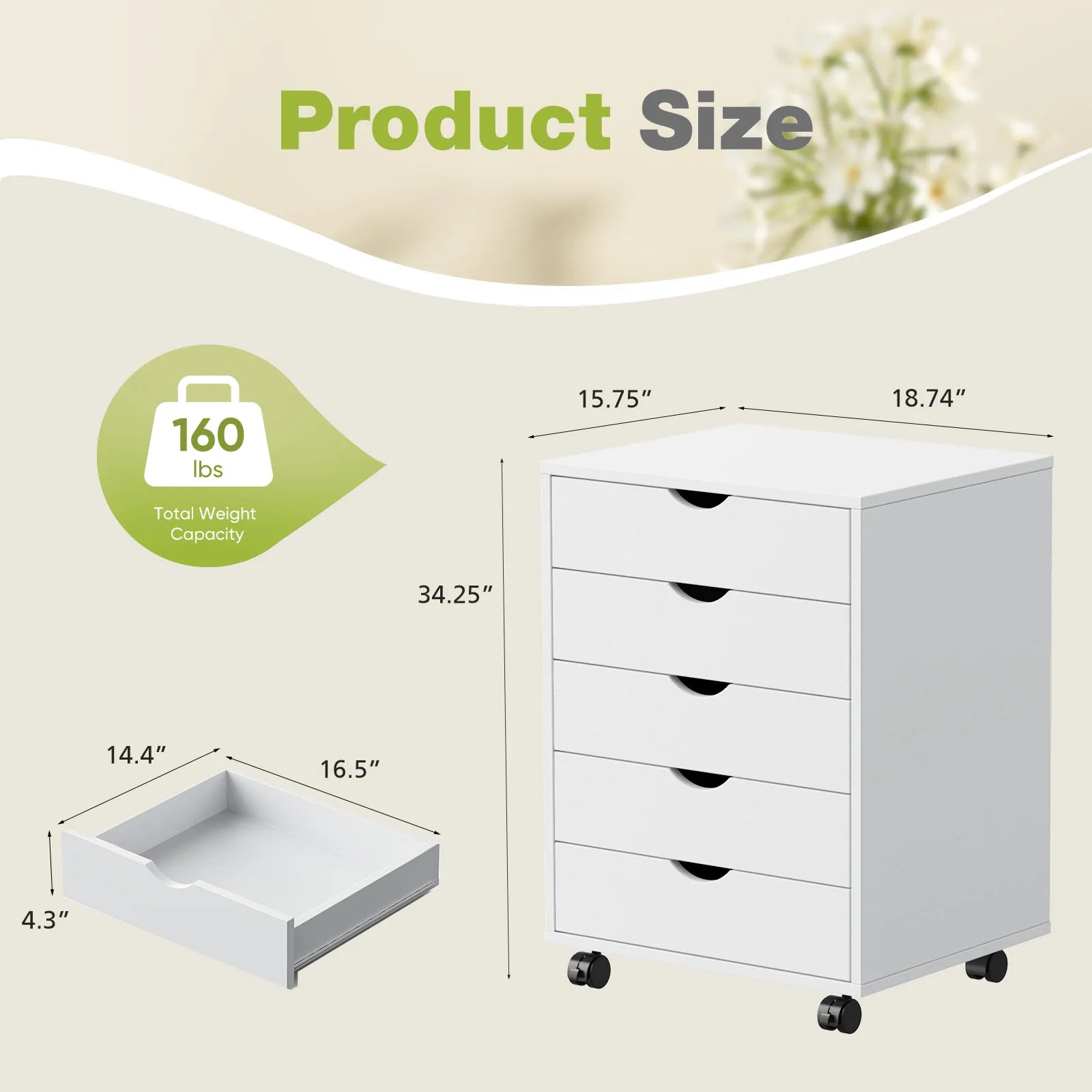 5 Drawer Rolling Nightstand Cabinet with Waterproof Top Surface