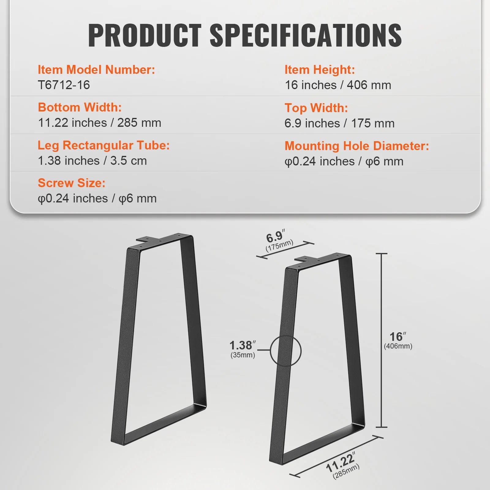 16 Inch Trapezoid Steel Table Legs Set of 2