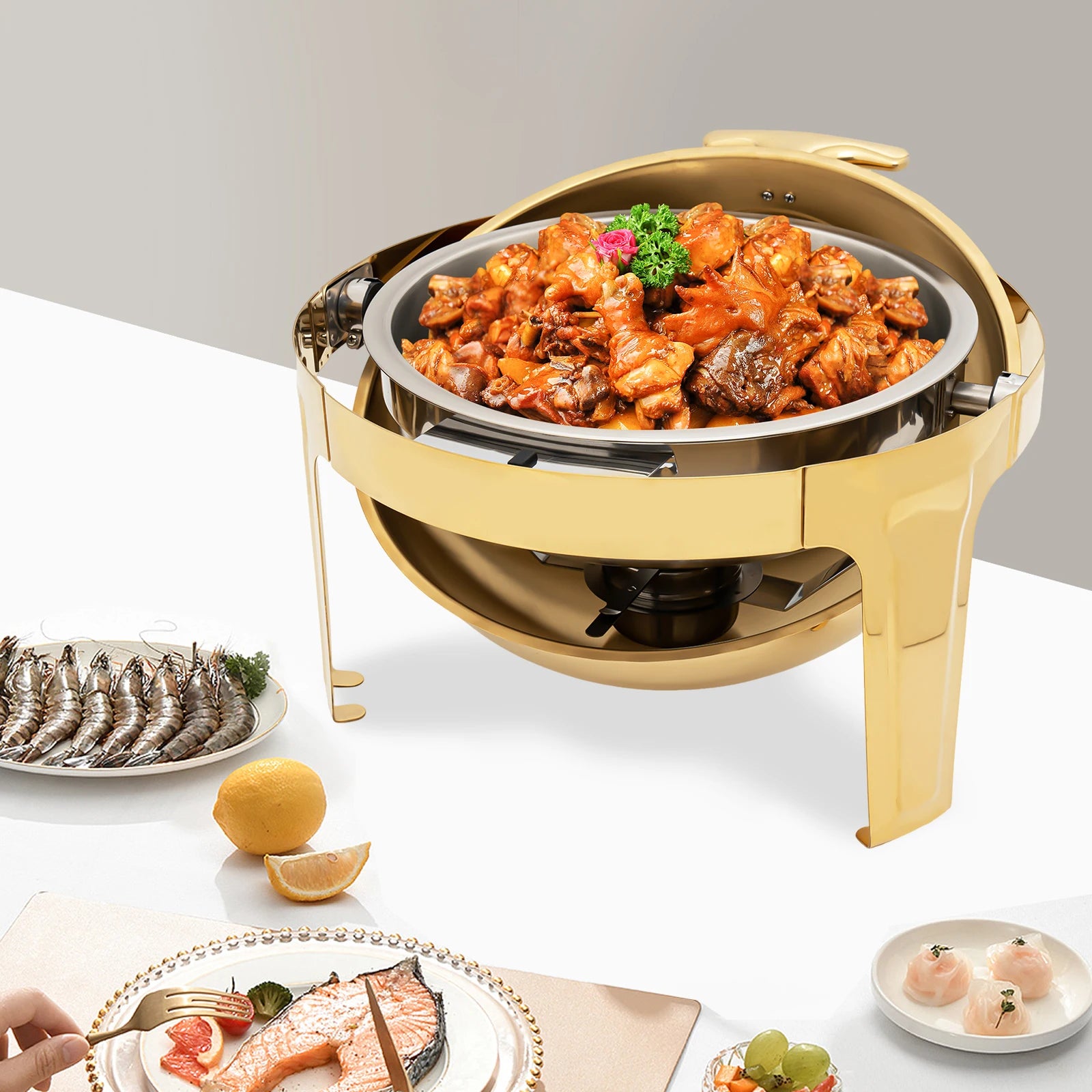 Gold Round Roll Top Chafing Dish 6L Stainless Steel Buffet Warmer with Visual Lid