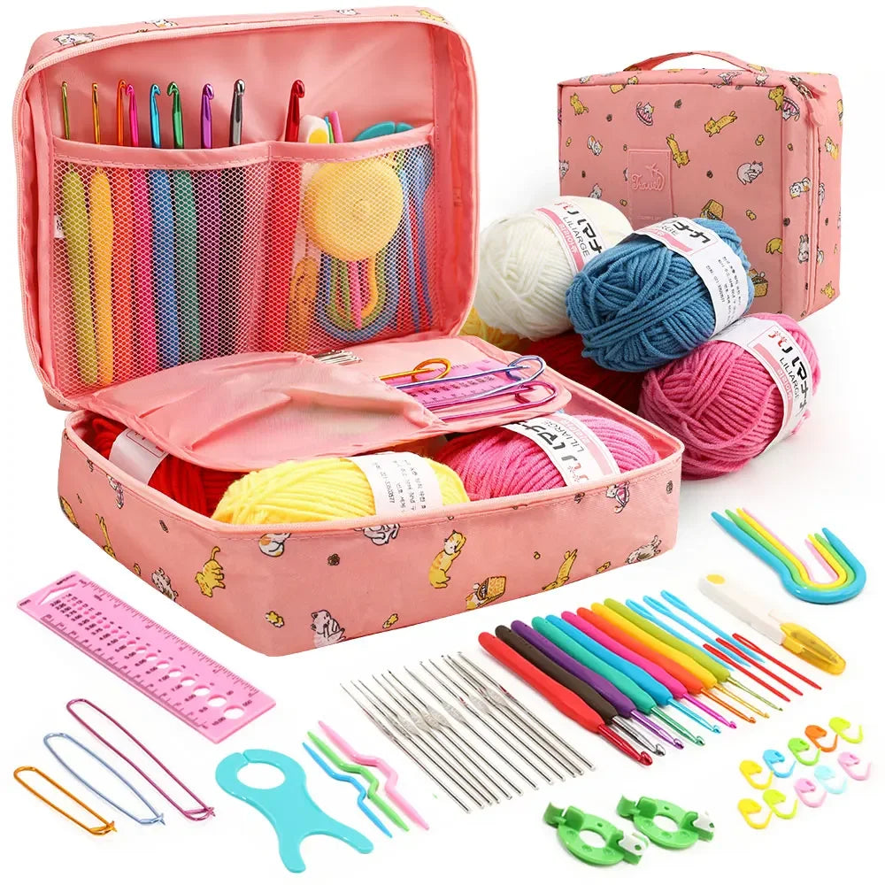 KOVEEN 59Pcs/Set Portable Crochet Knitting Set DIY Beginner Crochet Hook Kit With Storage Bag Material Pack and Storage Tools