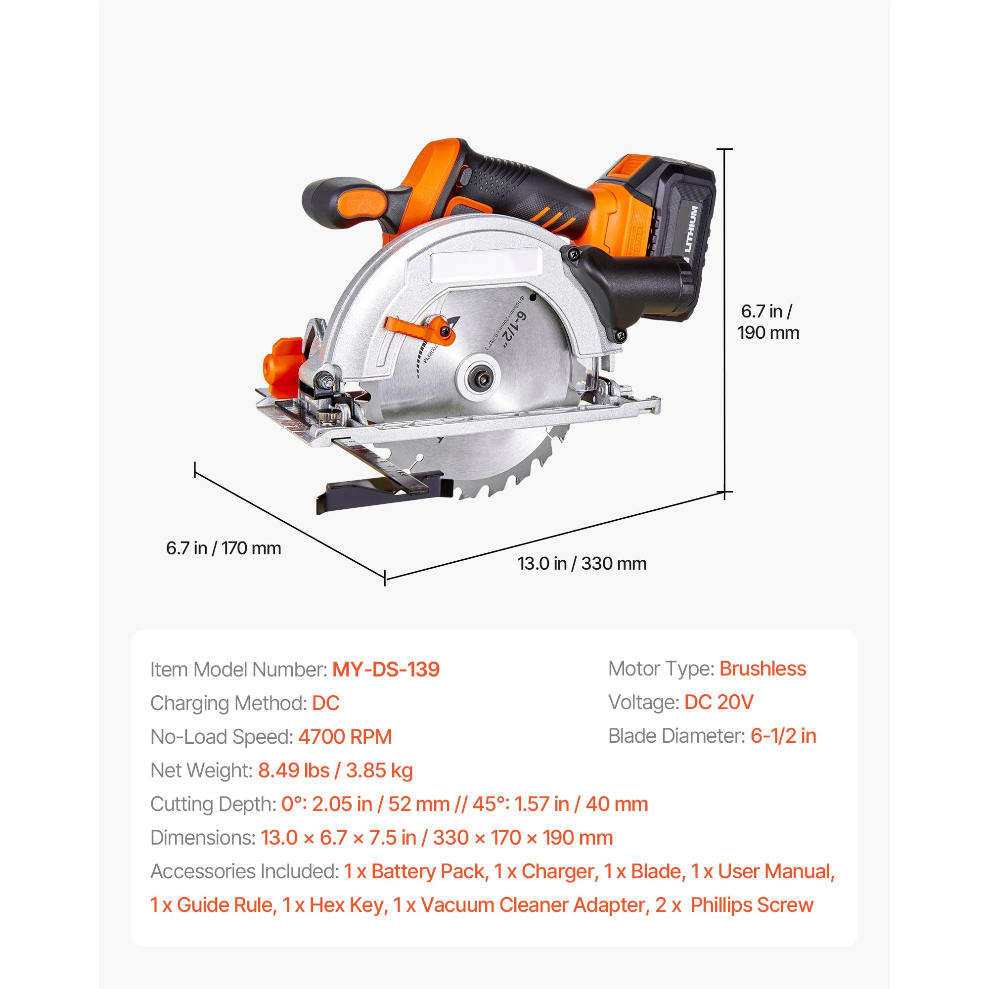 20V Cordless Circular Saw 4700 RPM 6-1/2" Blade with Battery