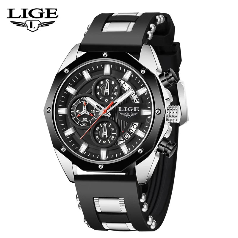 LIGE Fashion Men Watches Top Brand Luxury Silicone Sport Watch Men Quartz Date Clock Waterproof Wristwatch Chronograph Clock Man