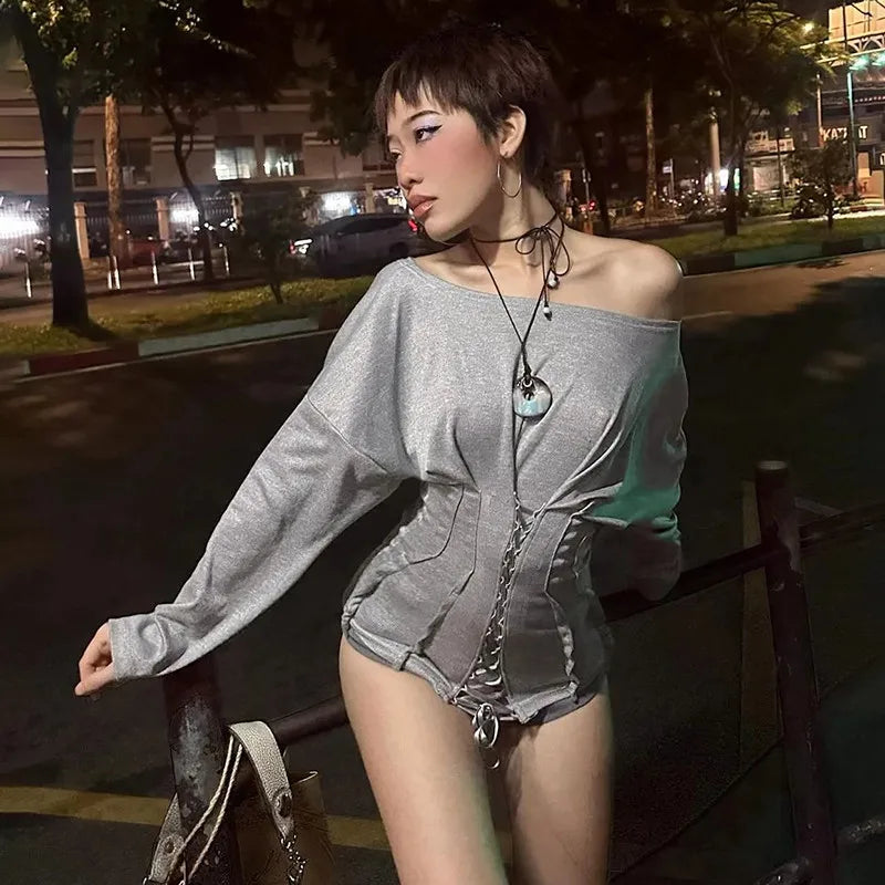 Dame Off-Shoulder Top med Snøre og Lange Ærmer, Casual Pasform